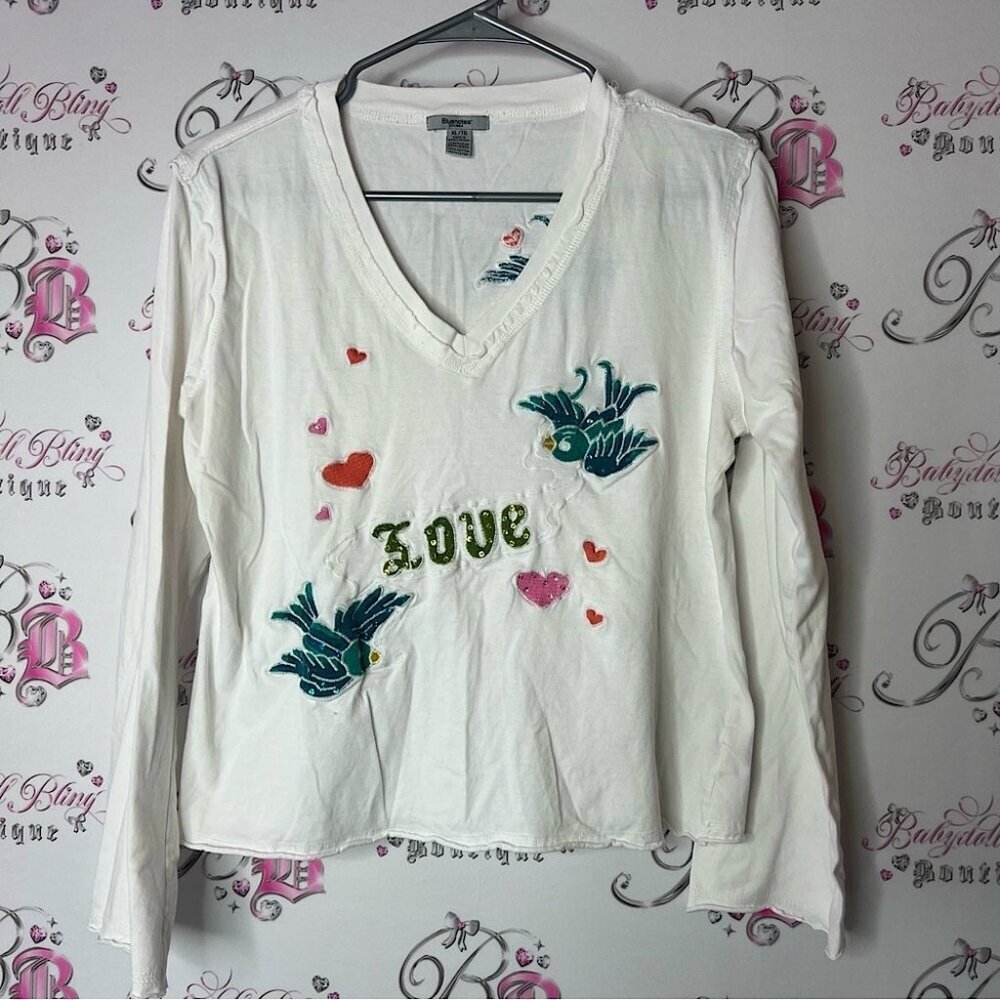 Bluenotes tattoo bird White Embroidered Long Sleeve Top sequins sparkly
